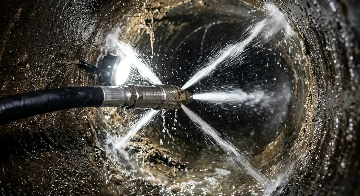 High-pressure hydro jetting nozzle cleaning sewer pipe for Emergency Drain Service in Pauls Valley