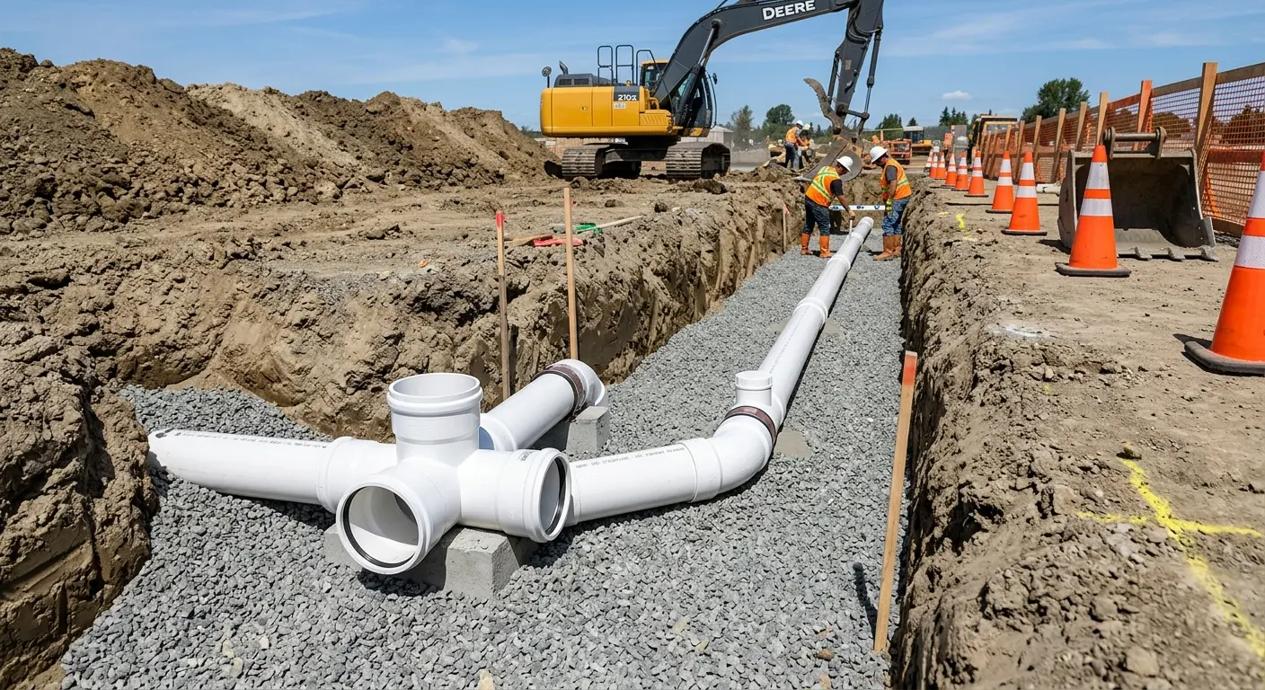 New PVC sewer pipe installation in open trench for Sewer Backup in Pauls Valley