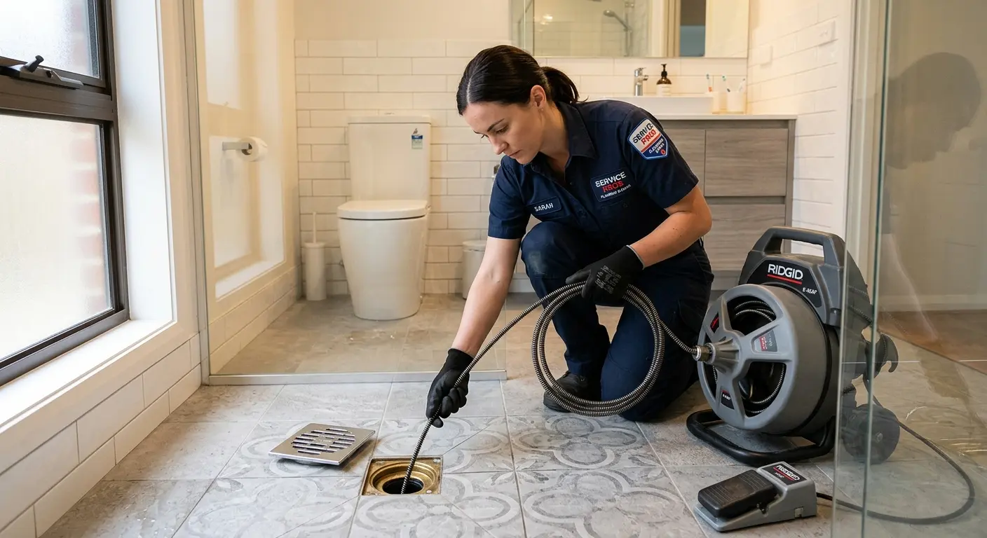 Technician clearing a bathroom floor drain for Drain Cleaning in Pauls Valley